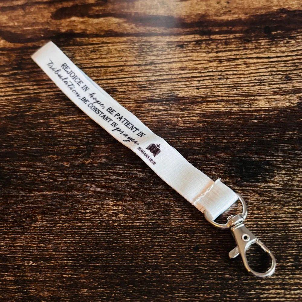 Romans 12:12 Scripture Wristlet Keychain White Fabric Bible Verse Lanyard Clasp